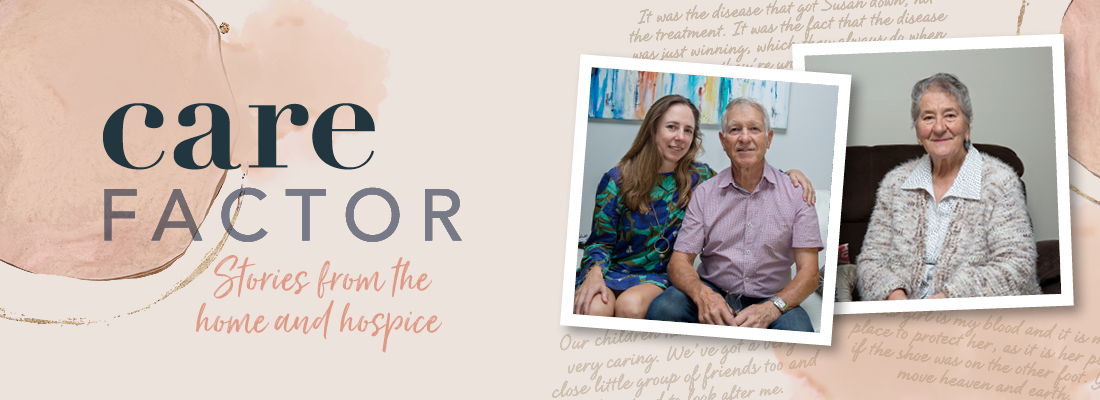 Grey text on a peach coloured background which reads 'Care Factor Stories from the home and hospice' with two polaroid-style portraits - one of a man and a women, one of a woman