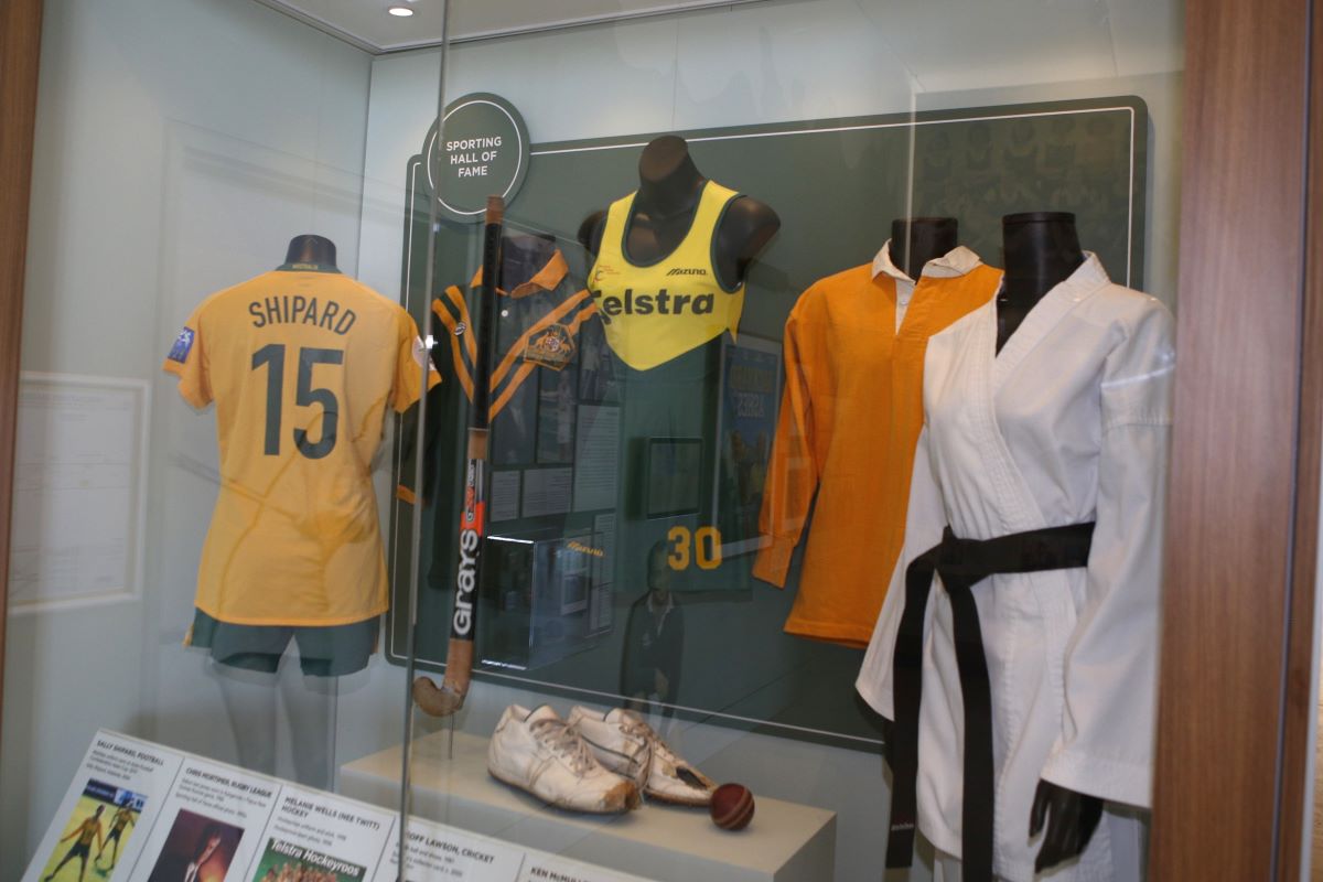 A display of professional sport outfits in the Sporting Hall of Fame display. 