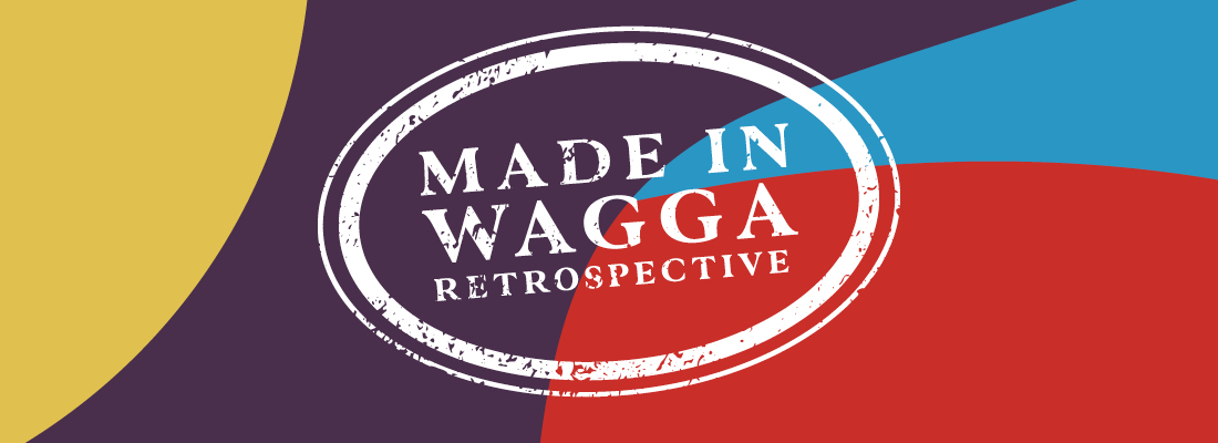 A graphic with a purple background and yellow, blue and red shapes. Appearing a white stamped mark is the text 'Made in Wagga Retrospective